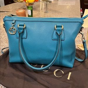 Gucci GG Charmy Zip Top Blue Leather Tote with Strap